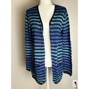 Jones New York Cardigan Sweater Large Blue/Black Striped Knit Long Sleeve